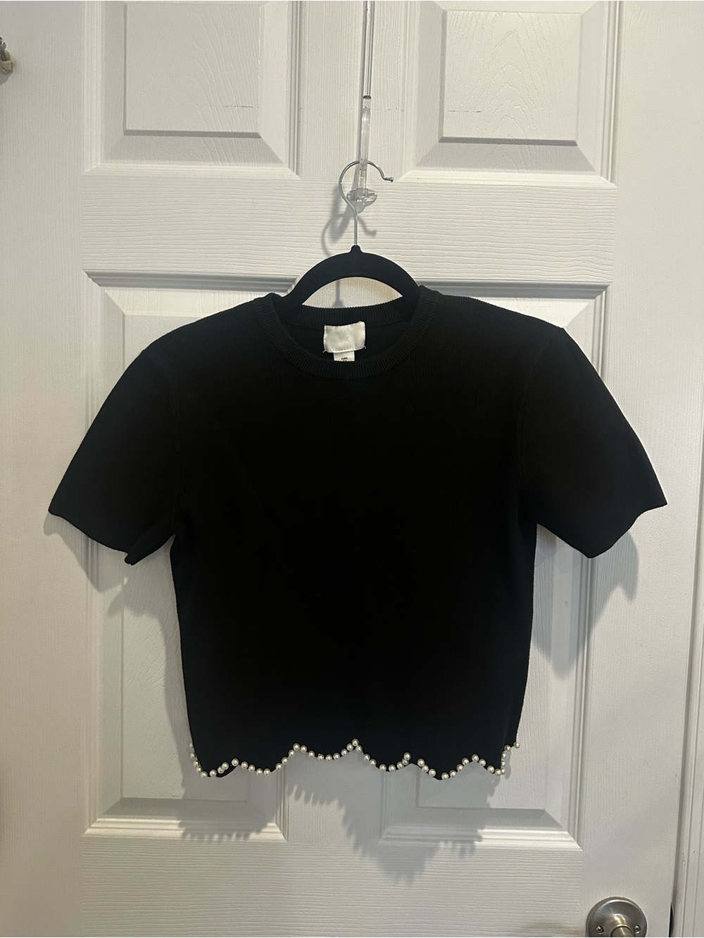 H&M Black Short Sleeve Sweater with Pearl Trim
